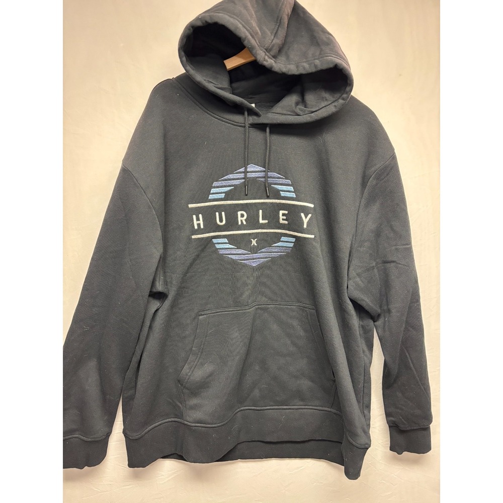 Hurley Pullover Hoodie Mens Black Kangaroo Pocket Classic Spellout Logo XL‎ NWT